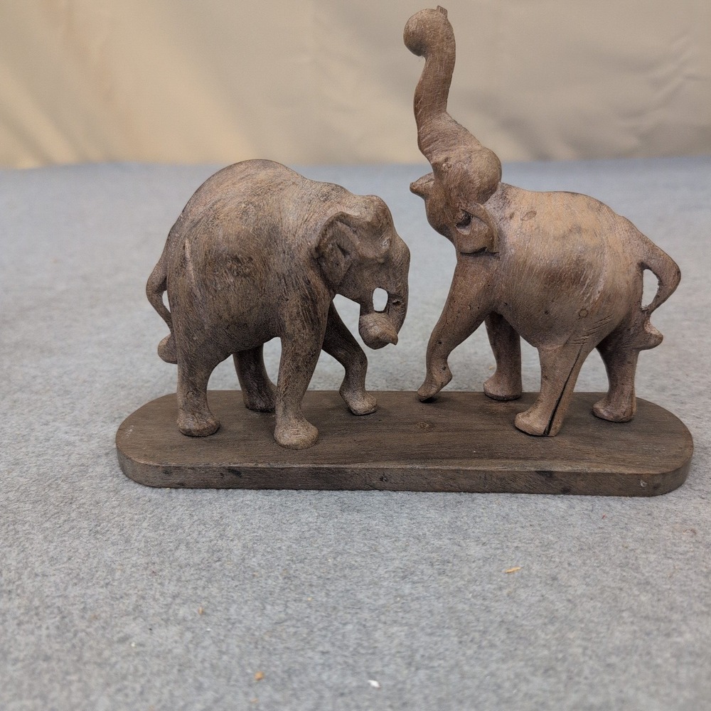Hand Carved Wooden Elephant Figurine Pair on Base Brown Rustic Home Decor - Picture 2 of 5
